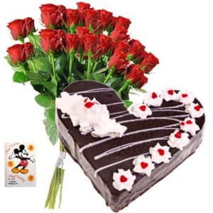 12 Red Roses, 1Kg Heart Shaped Black Forest Cake